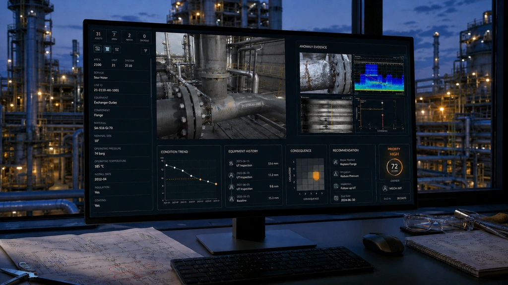 Anomaly assessment dashboard displaying equipment evidence, condition trends, history, recommendations, and priority