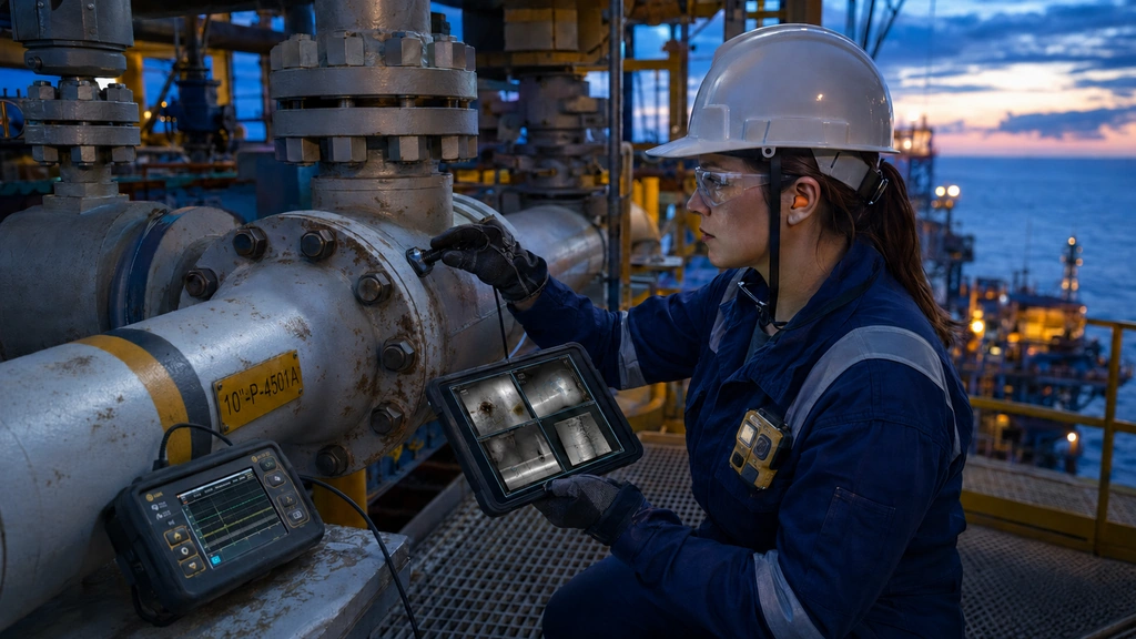 Inspection engineer using a measurement probe on offshore piping while holding a tablet with inspection images