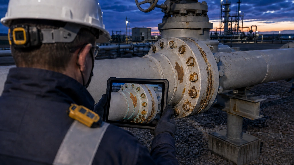 Inspector viewed from behind reviewing corrosion on an onshore pipeline flange with a tablet